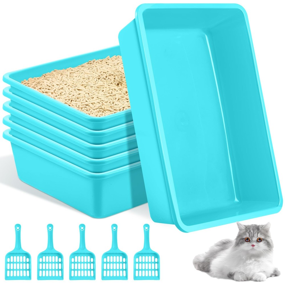 5 Pcs Open Cat Litter Box Kitten Litter Pan with 5 Scooper Medium Plastic Pet...