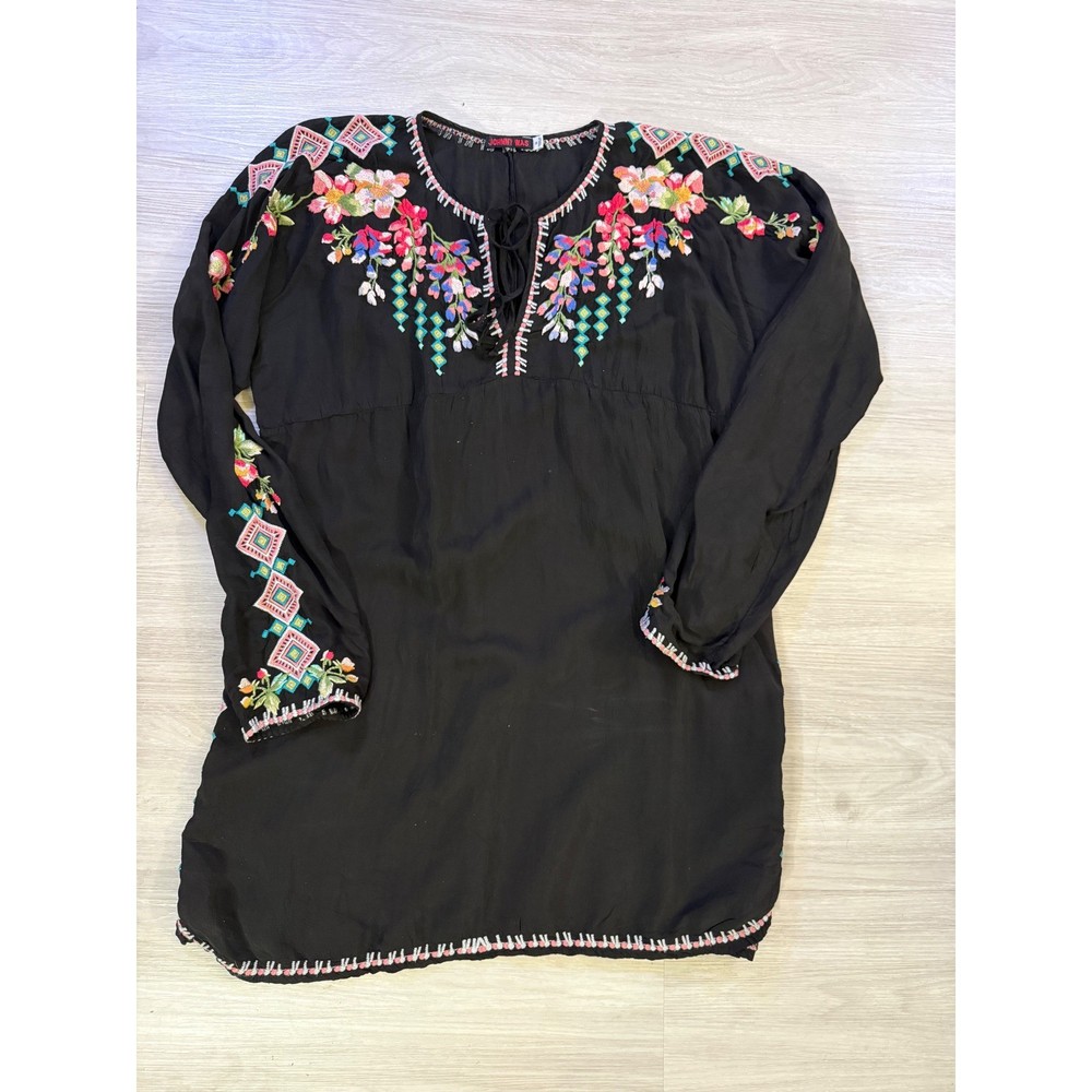Johnny Was Embroidered Floral Boho Tunic Top Black Silk Rayon Womens Medium M