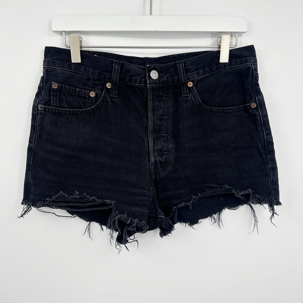 Levi's 501 Black Distressed High Rise Shorts Size 28 Boho Festival Button Fly