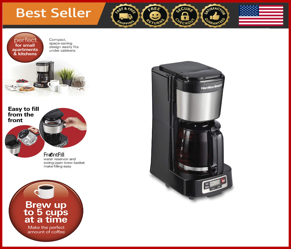 Compact 5-Cup Front-Fill Drip Coffee Maker with Auto Pause & Programmable Features in Black