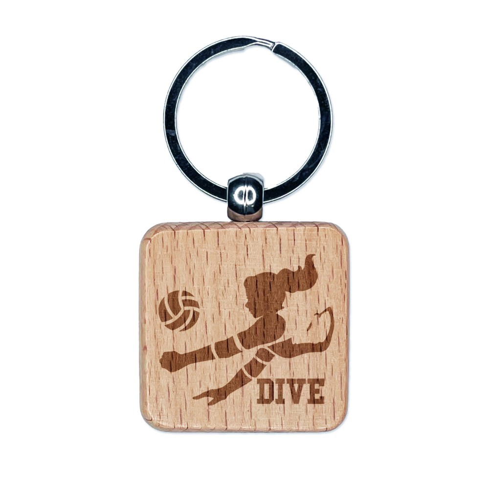 Volleyball Woman Dive Sports Move Engraved Wood Square Keychain Tag Charm