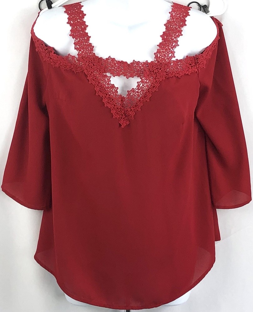 Vintage Chiffon Lace Babydoll Top Red Keyhole Cold Shoulder Flowy 90's Fairy