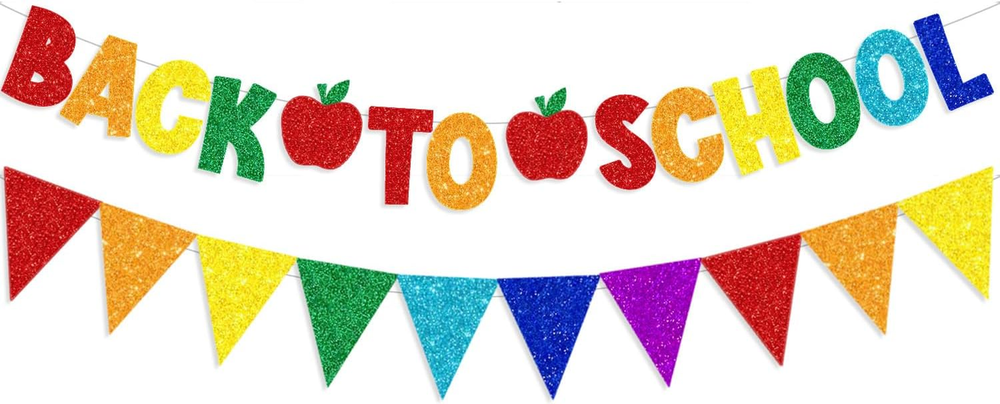 Glitter Back to School Banner with Colorful Pennant for Classroom Decor Supplies-image