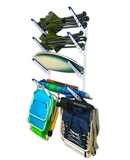 Metal Adjustable 4-Level White Beach Chair and Umbrella Wall Storage Rack