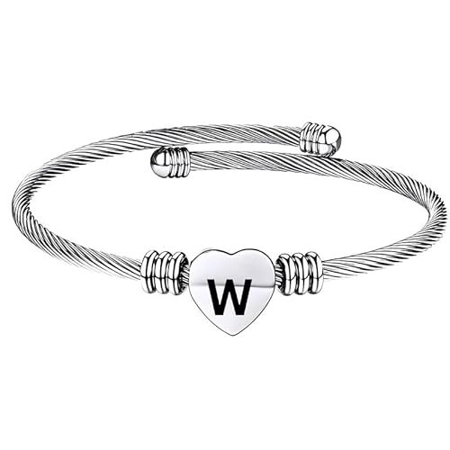 Stainless Steel Heart Word-W Bracelet Engraved Charm Bracelet for Women Silver