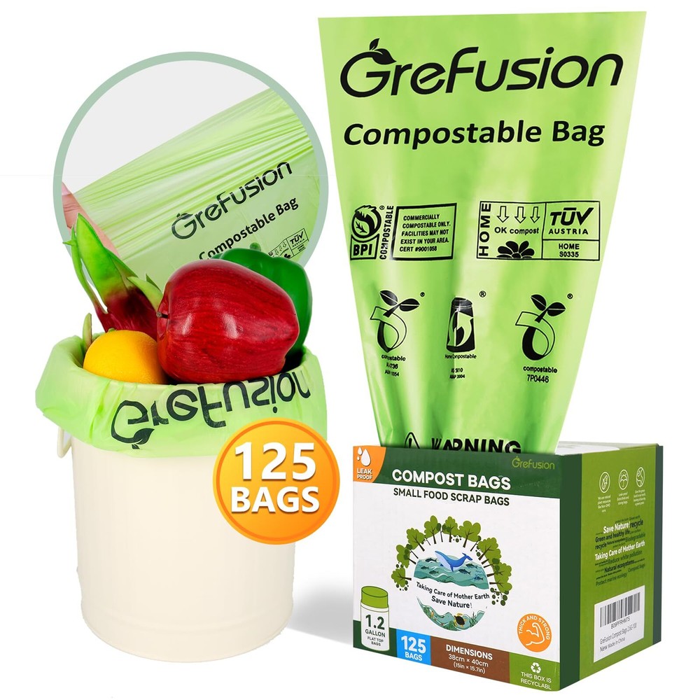 Compostable Bags for Kitchen Compost Bin, 1.2 Gallon, 125 Count, Certified by...