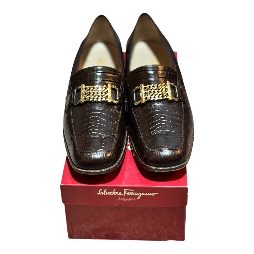 Salvatore Ferragamo Croc Embossed BrownLeather Loafers Gold Chain 10AA