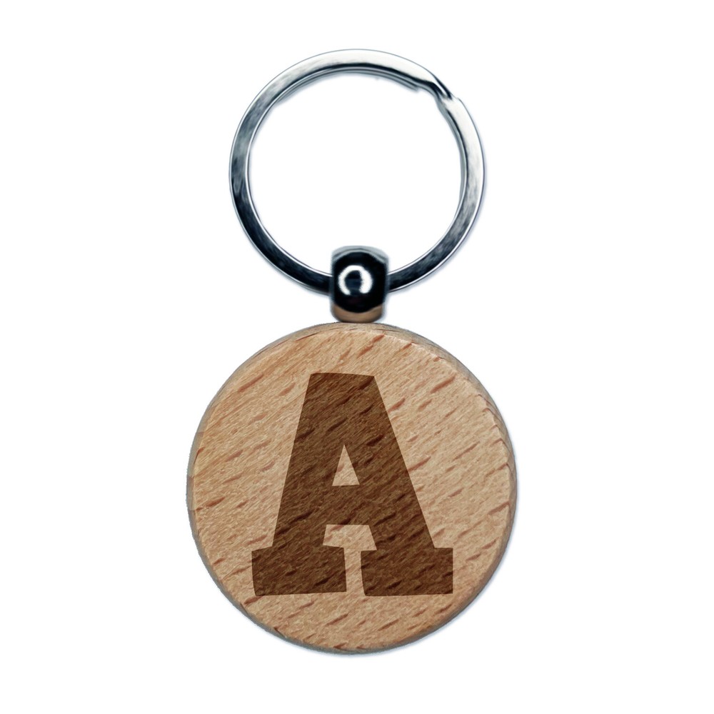 Letter A Uppercase Fun Bold Font Engraved Wood Round Keychain Tag Charm