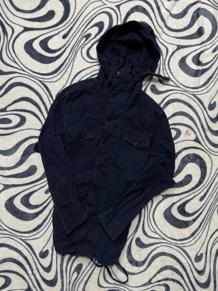 Great Allsaints Mens Hooded Military Navy Blue Pocket Jacket Long Sleeve Size XS