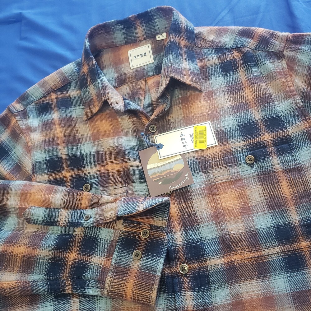 NWT ROWM Coastal Drifter Mens M L/S Rust Blue Plaid Soft Flannel Grunge Gorpcore