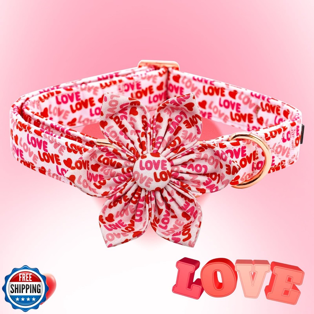 Elegant Little Tail Valentine's Day Dog Collar with Flower, Pink, Cotton, Lar...