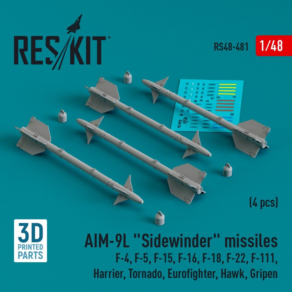 AIM-9L Sidewinder Missiles F-15/F-16/Tornado 4 pcs 1:48 3D Print RS48-0481