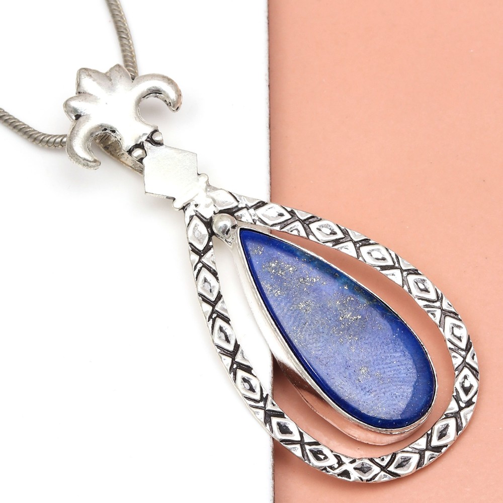 Lapis Lazuli Gemstone Pendant in Handmade Sterling Silver 2.5 Inch