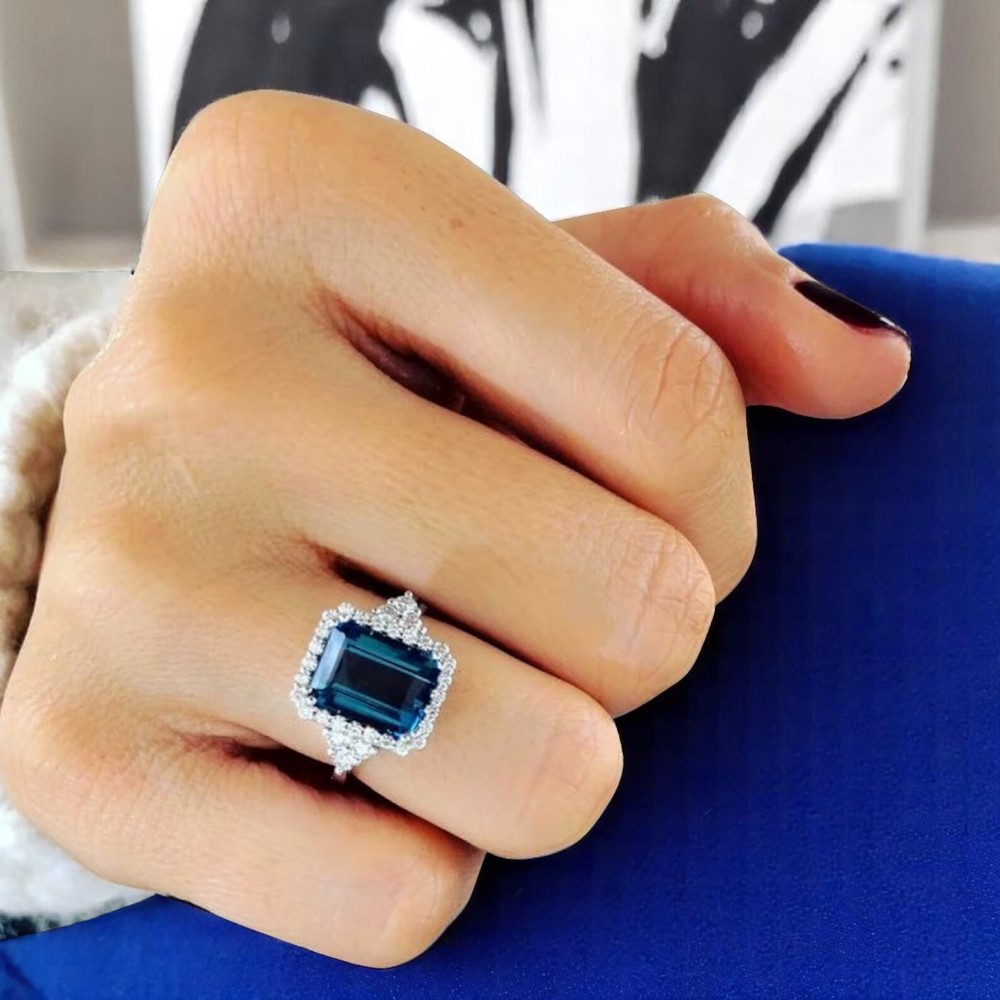 3.50 Ct Emerald Cut London Blue Topaz Real Diamond Ring 14K White Gold