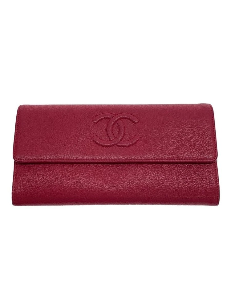 CHANEL Long Flap Wallet Coco Mark CC Pink Leather F/S Pre-Loved