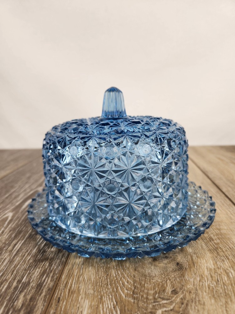 Vintage Blue Vaseline Uranium Glass Daisy Button Butter Dish Glows Pink Under UV