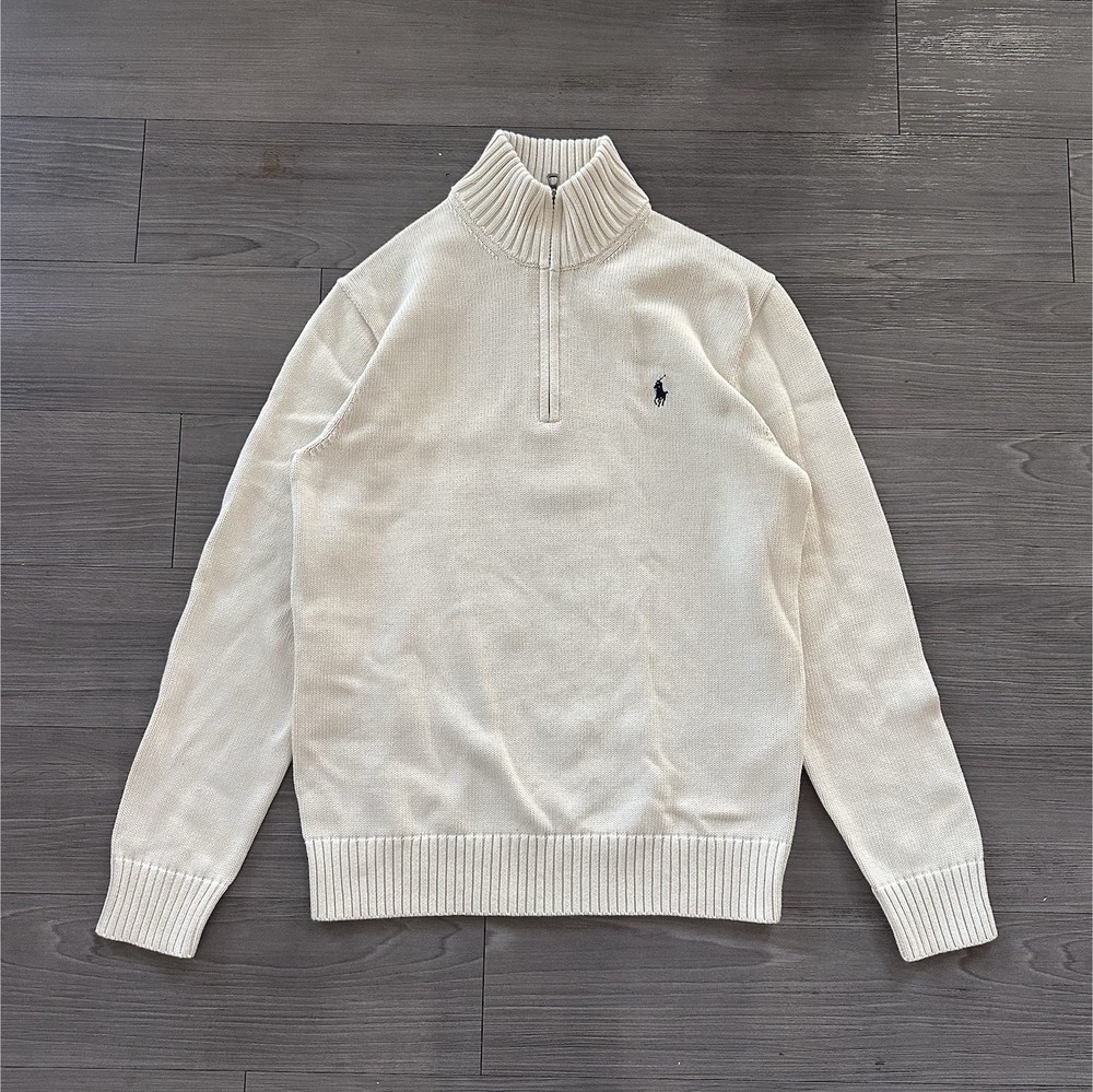 Polo Ralph Lauren Cream Cotton Knit Quarter Zip Mock Neck Sweater Men's Size M