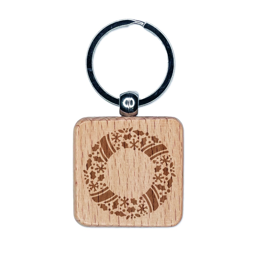 Christmas Wreath Detailed Engraved Wood Square Keychain Tag Charm