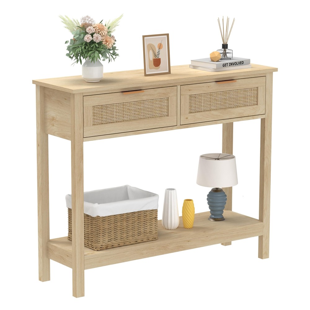 Farmhouse Rattan Console Table with 2 Drawers 2 Tier Boho Narrow Long Sofa Ta...