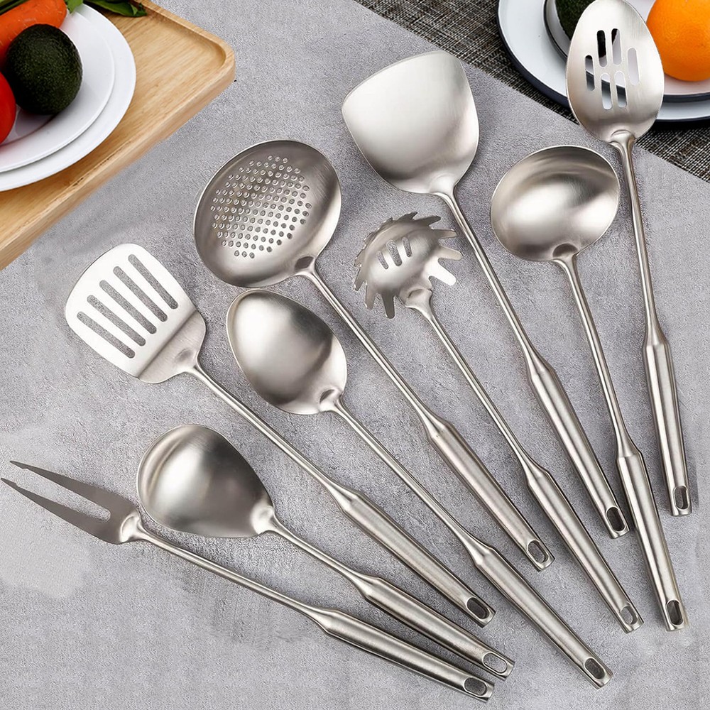 304 Stainless Steel Kitchen Utensils, 9 PCS Metal Cooking Utensils Set, Solid...