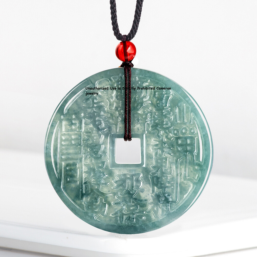 100% Natural Blue Jadeite Lucky Bagua Peace Pendant Grade A