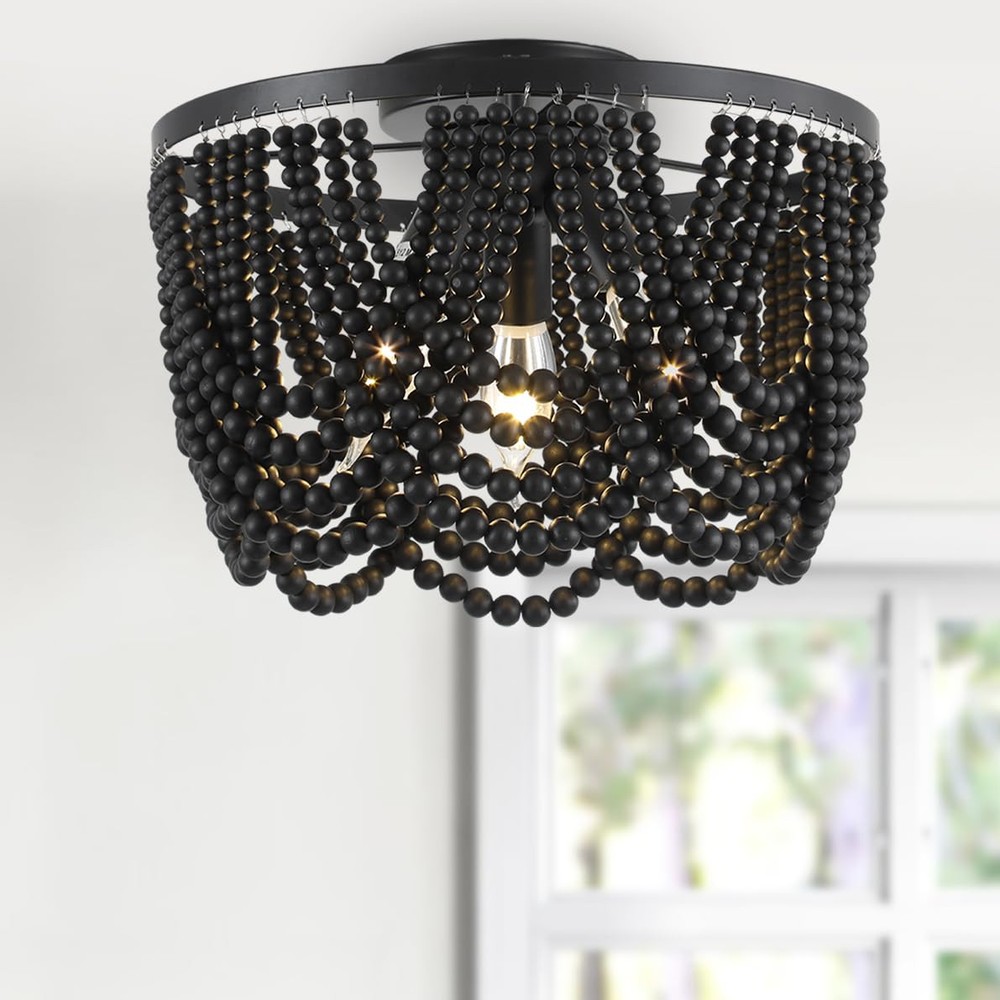 Black 12.6 inch Boho Chandelier,Wood Beaded Chandelier Light Fixture, Bohemia...