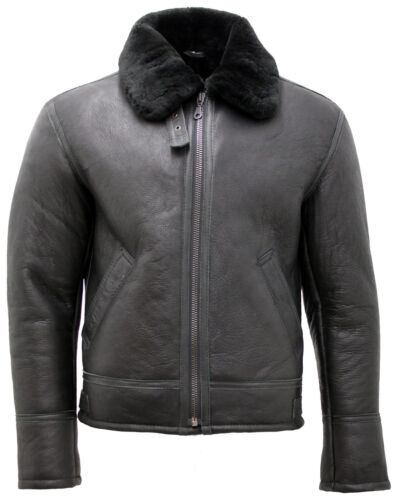 Men's Aviator Black B3 Real Shearling Sheepskin Leather Bomber Flying Fur Jacket