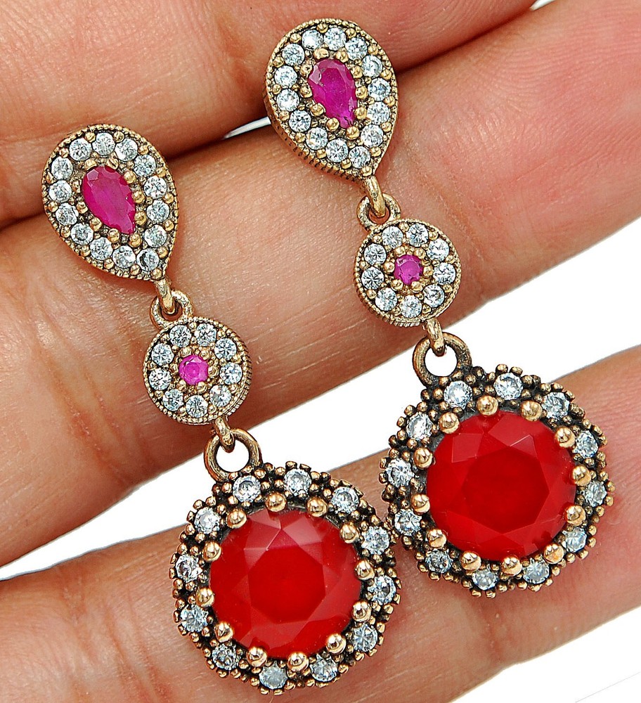 Sterling Silver Ottoman Empire Style 10CT Treated Ruby Dangle Earrings TE1462