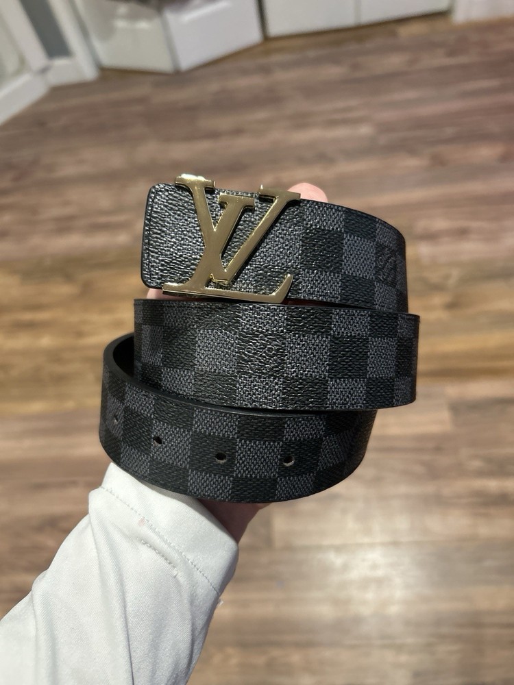 Louis Vuitton Men's Check Pattern Dress Belt Black Gray Buckle Logo Adjustable