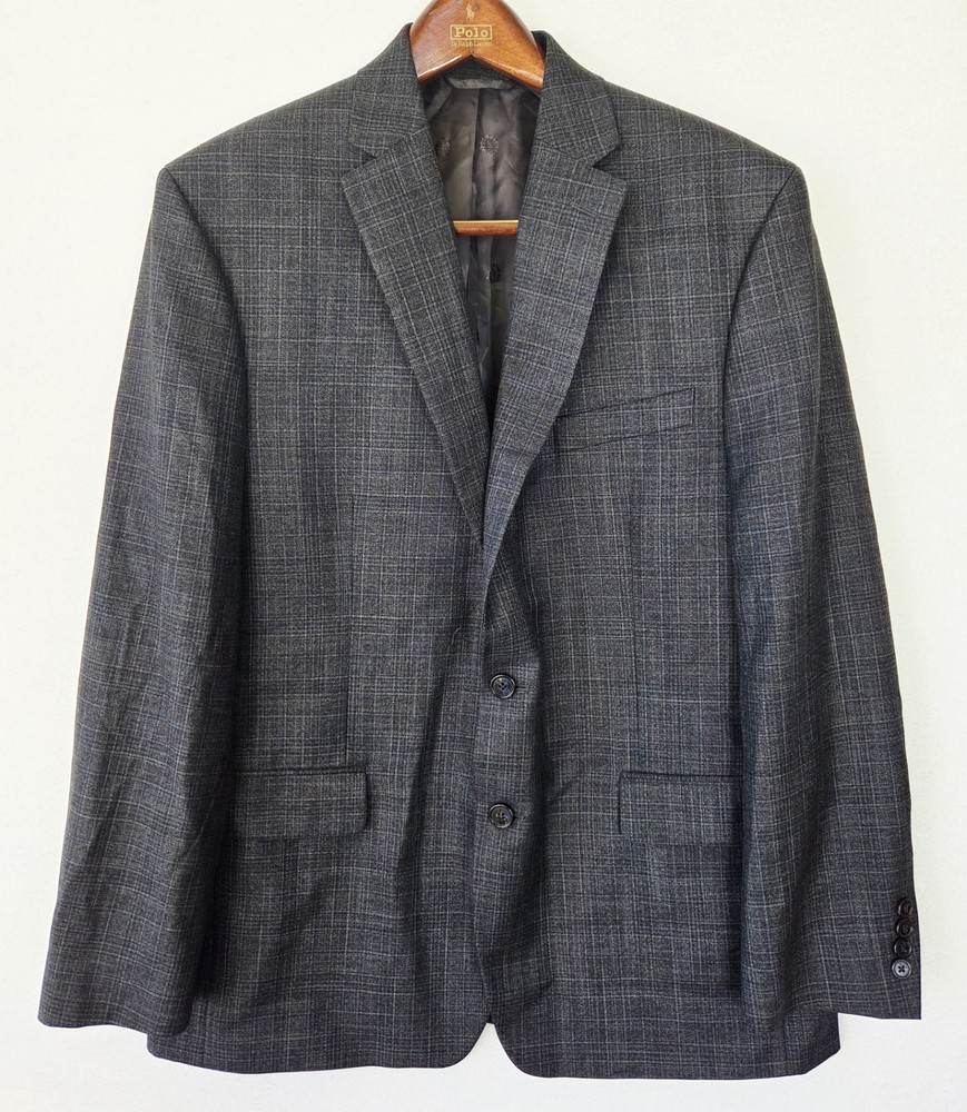 Lauren Ralph Lauren Men's Blazer 44R Charcoal Gray Blue Windowpane Plaid 2 Sport
