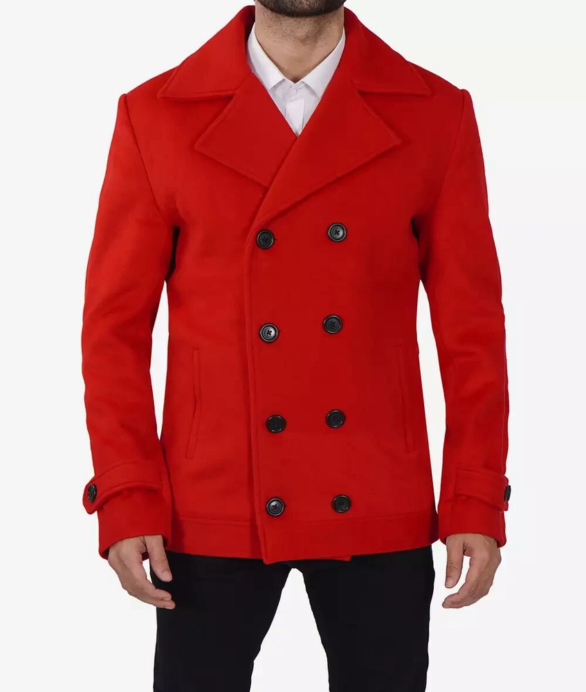 Men's Double Breasted Red Wool Pea Coat-image