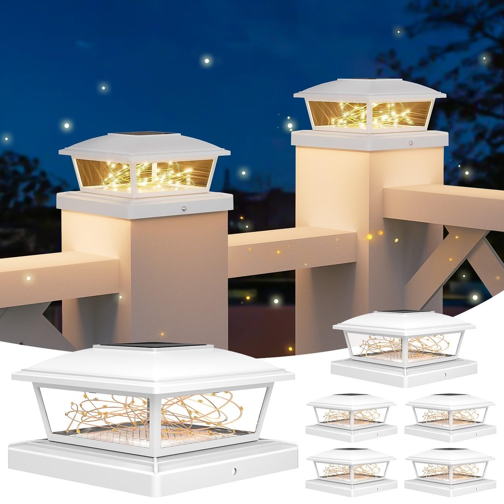 6 Pack Solar Post Cap Lights White Solar Powered for Vinyl Wood Posts Warm White