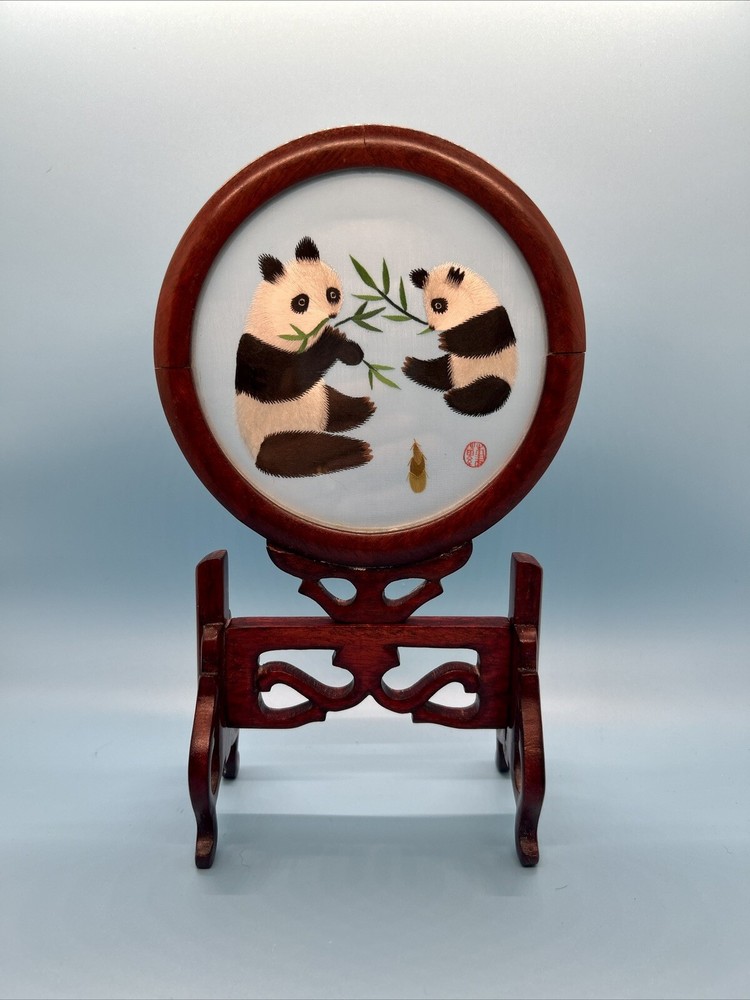 Chinese Hand Embroidered Silk Pandas Bamboo In Glass Round Wood Frame Display 9”