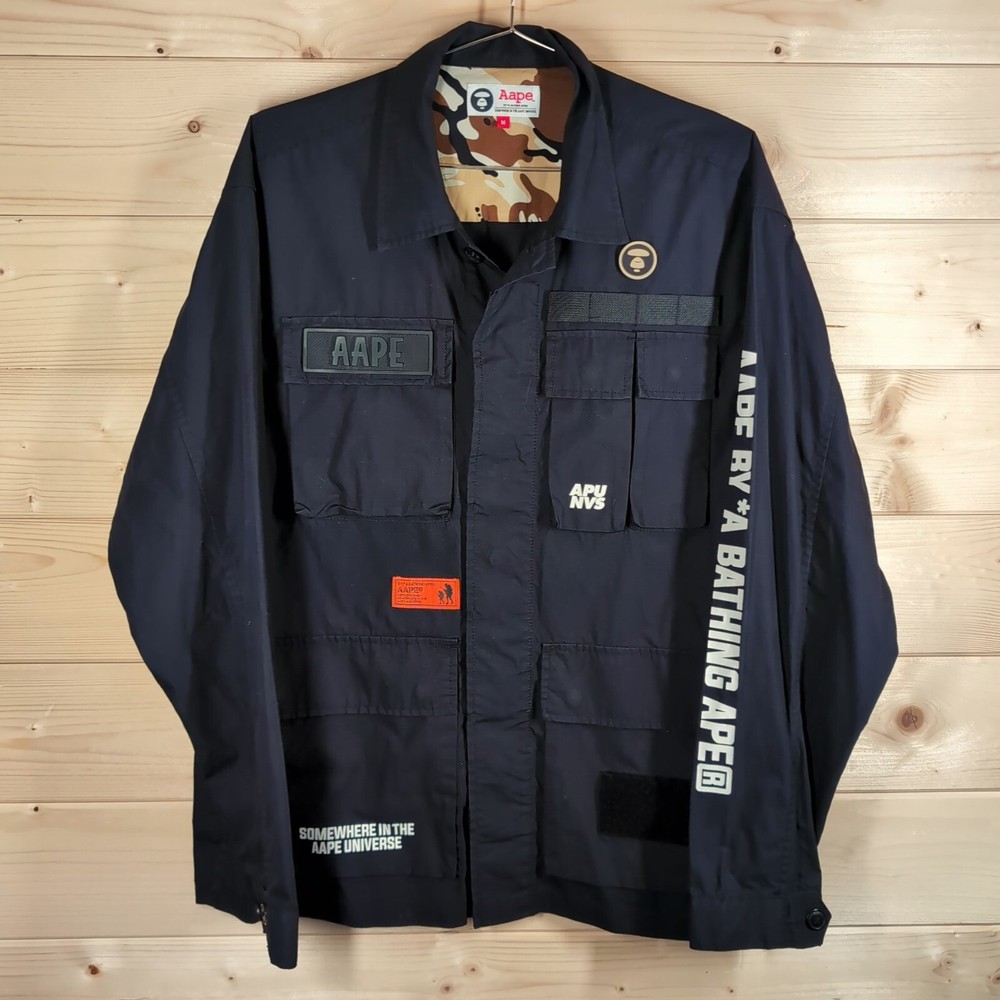Aape By A Bathing Ape M65 Large Black Utility Military Shirt Jacket Overshirt