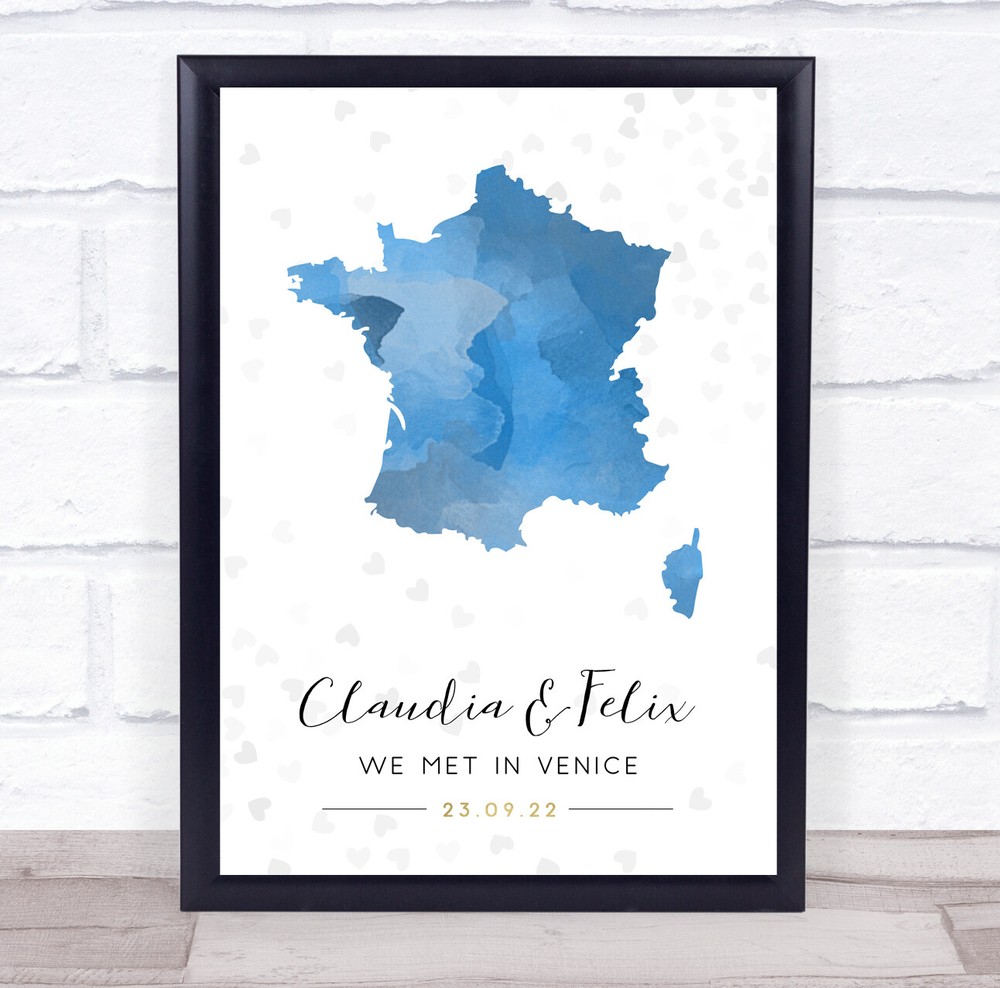 France Special Date Watercolour Blue Grey Hearts Personalised Gift Print