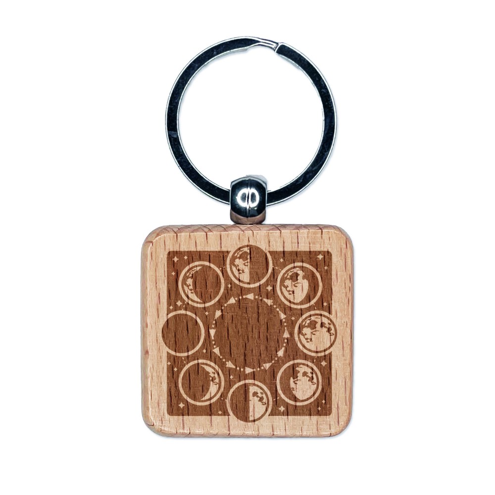 Lunar Moon Phases New Full Waxing Waning Engraved Wood Square Keychain Tag Charm