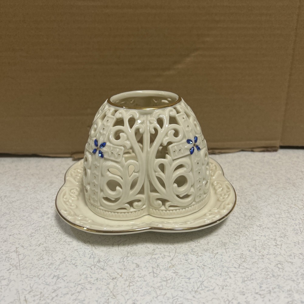 Lenox Jeweled Cross Votive 24K Gold Accents Blue Swarovski Crystals