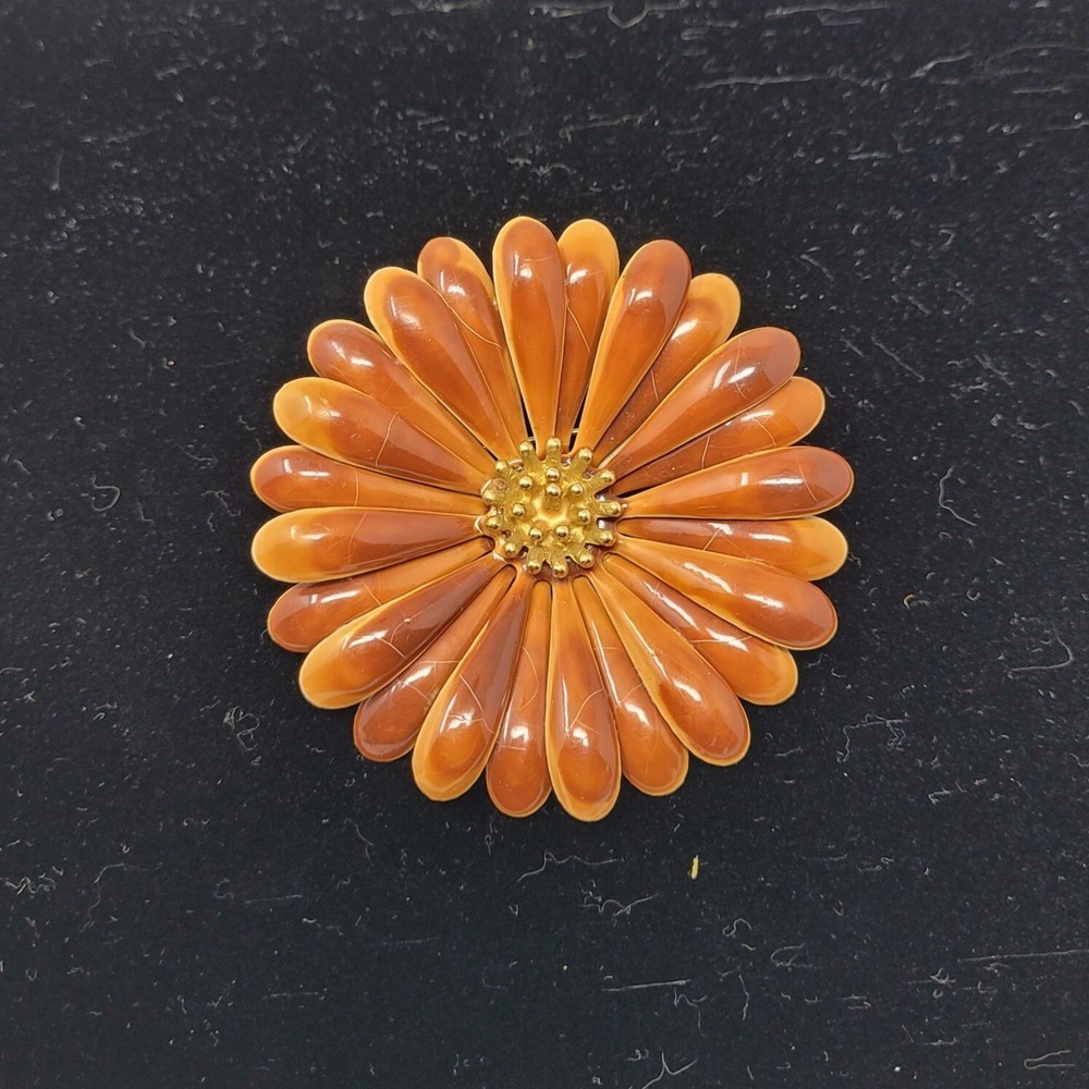 Vintage 60s Brown Orange Enamel Flower Brooch Pin Mid-Century Mod Sunflower Lg