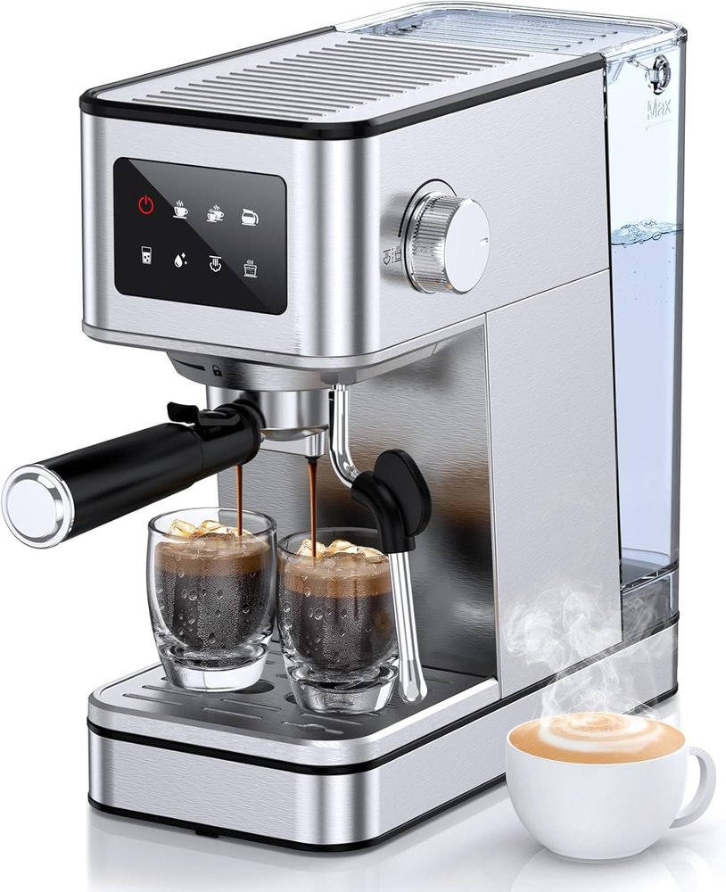20 Bar Compact Espresso Machine with Milk Frother, Stainless Steel