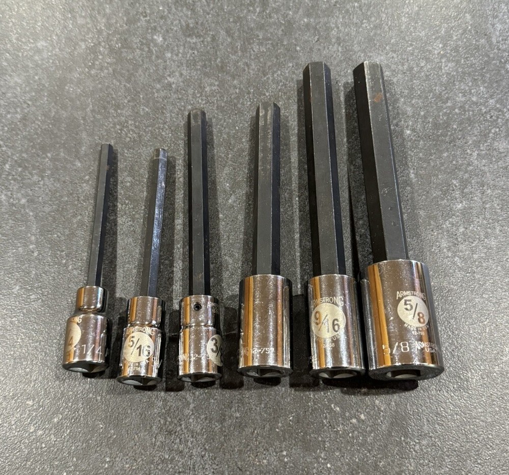 Armstrong 1/2” Drive Hex / Allen Extra Long Socket Set SAE 1/4” - 5/8” No 7/16”