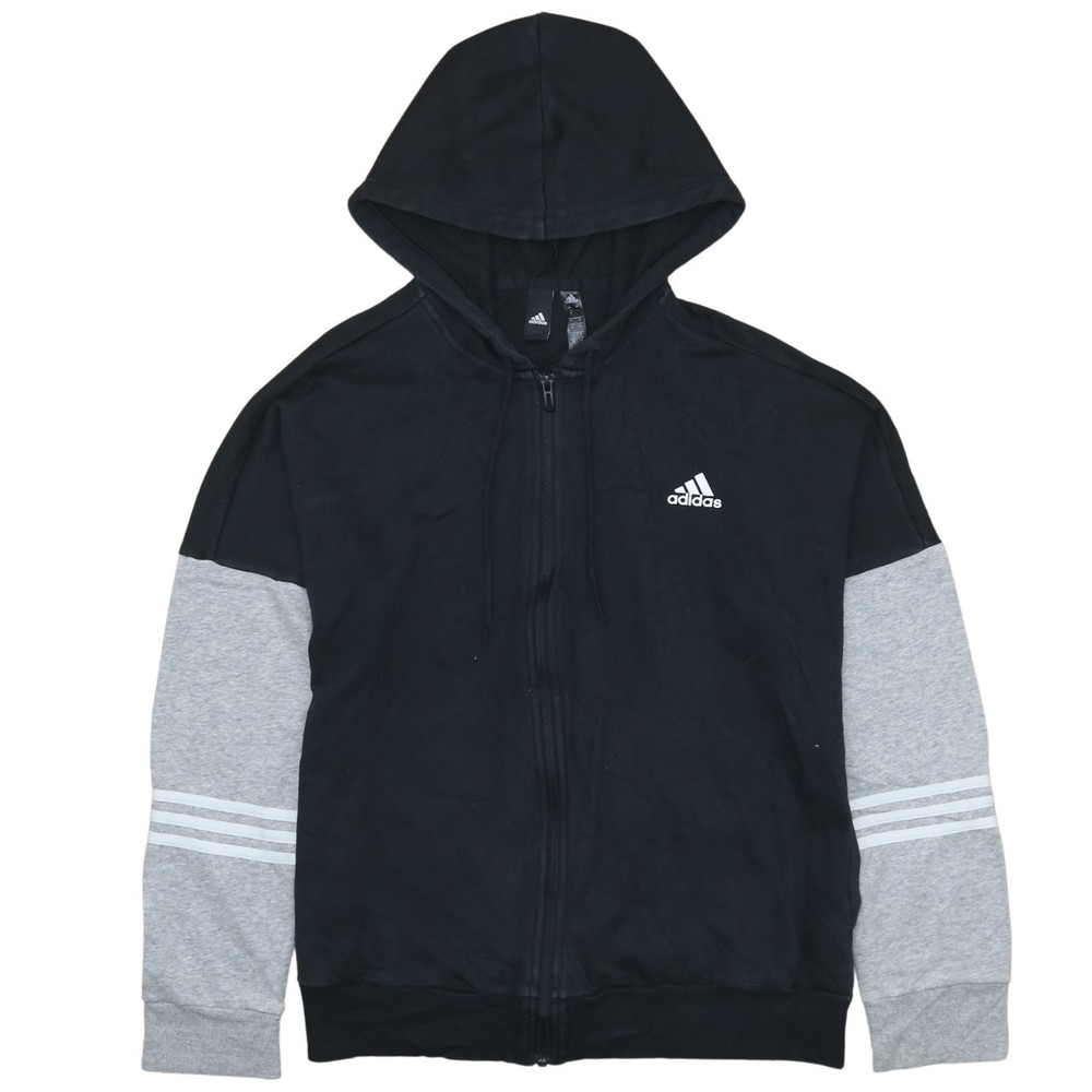 Adidas Womens Hoodie Black Grey Fleece Full Zip Hooded Raglan Three Stripe L