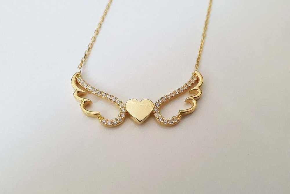 Angel Wings Pendant 1.50Ct Round Moissanite 14K Yellow Gold Plated Free Chain