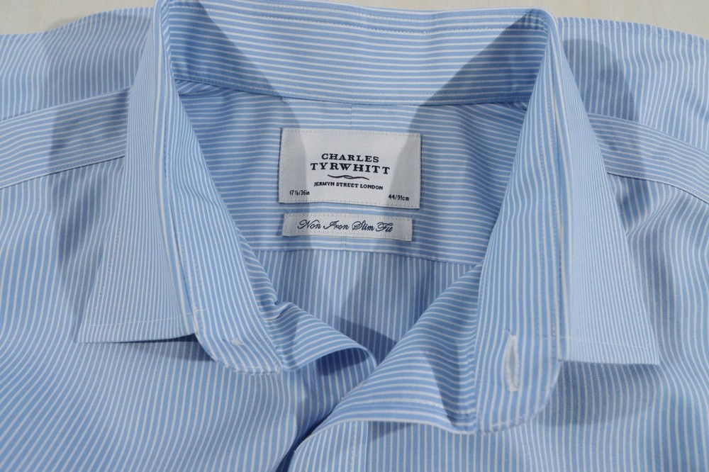 Men’s Charles Tyrwhitt Non Iron Slim Fit Dress Shirt 17.5 36 Blue Stripe