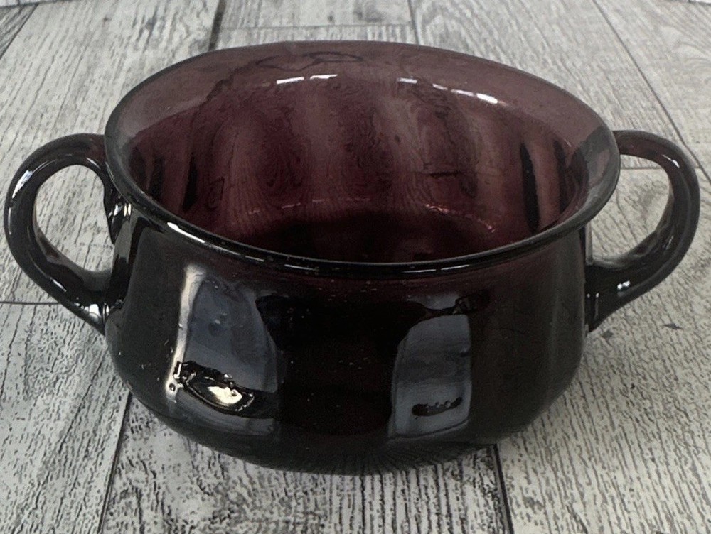 Vintage Amethyst Purple Glass Trinket Dish with Handles Handmade Small Bowl
