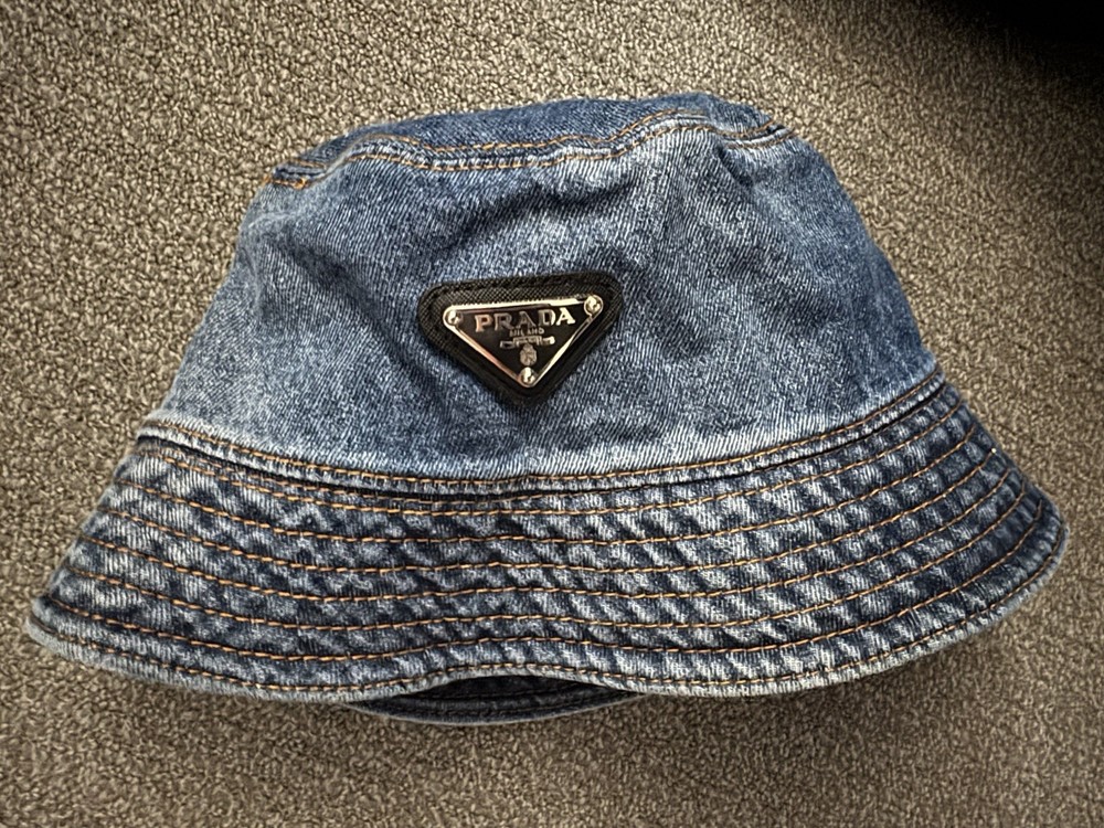 Prada Denim Bucket Hat Medium Blue Washed Denim Logo Hat