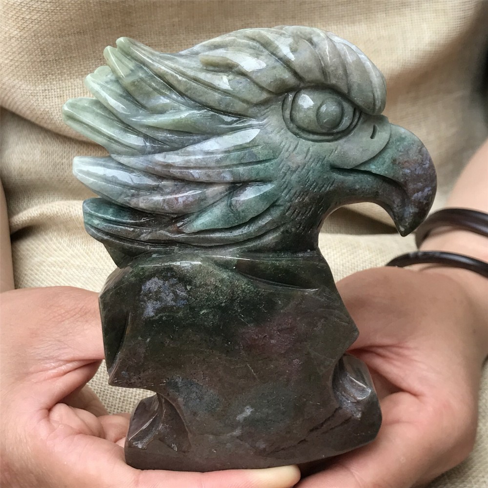 0.72kg Natural ocean jasper Quartz hand Carved eagle skull crystal Reiki xk395