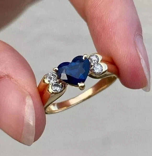 2CT Heart Lab Created Blue Sapphire Diamond Women's Ring 14K Yellow Gold Plated