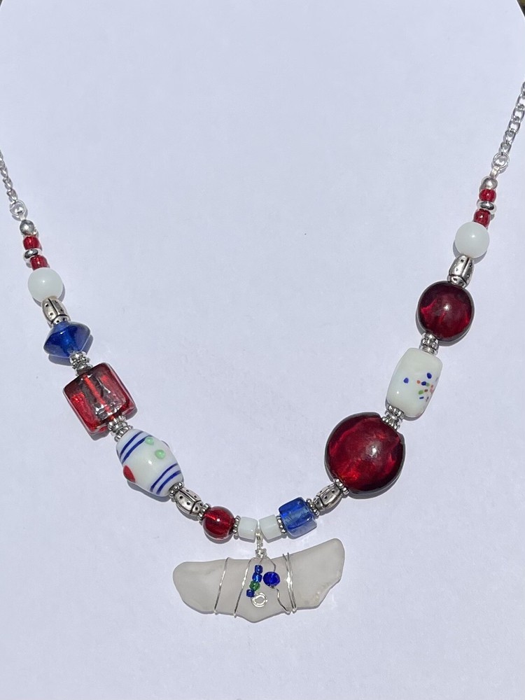 Beach Tumbled SEA GLASS Red White Blue Lampwork Bead Silver-tone Necklace