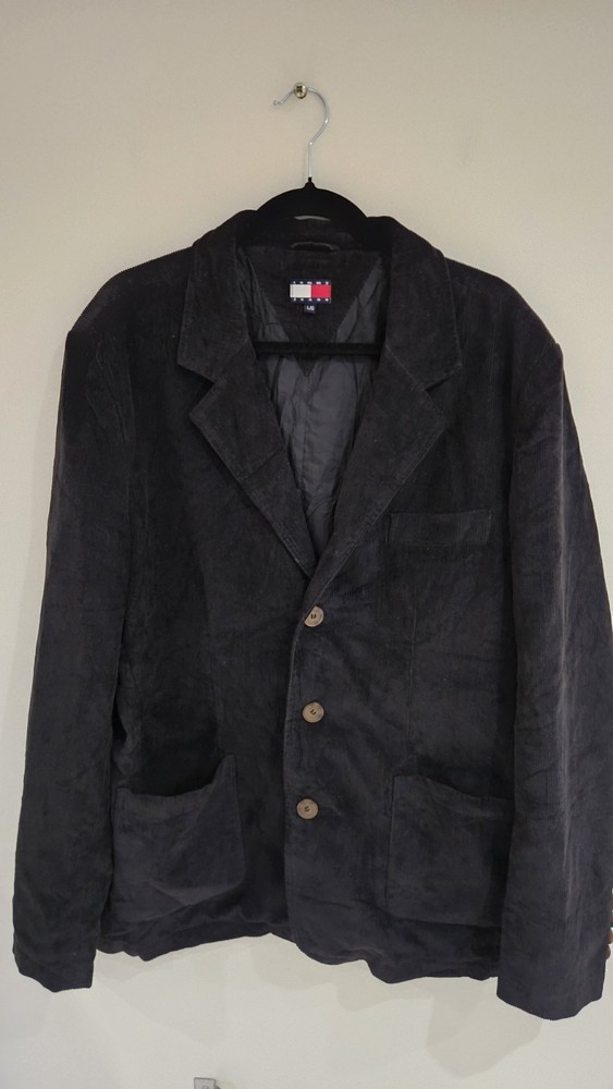 Vintage Tommy Jeans Black Corduroy Jacket Blazer Size Large 90s Cotton Polyester