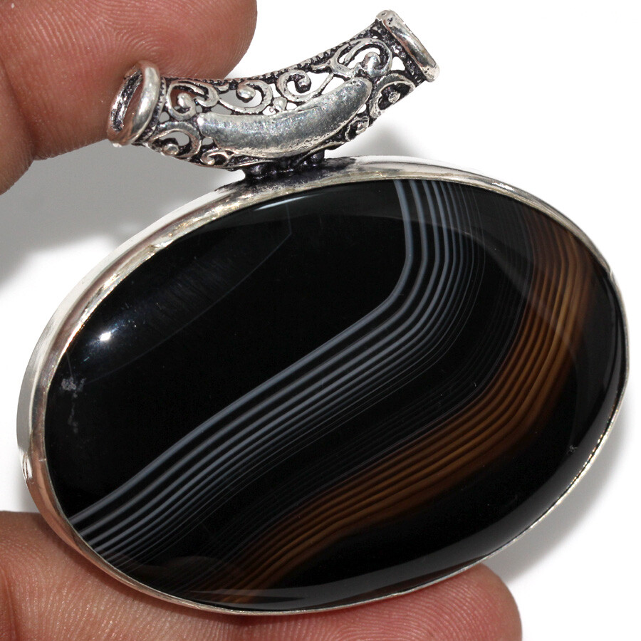 925 Silver Plated Banded Black Onyx Ethnic Chunky Pendant Jewelry Size 2